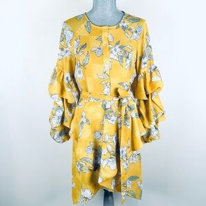 NWOT Chriselle x JOA Tiered Puff Sleeve Floral Tie Belt Mini Dress SZ M Yellow